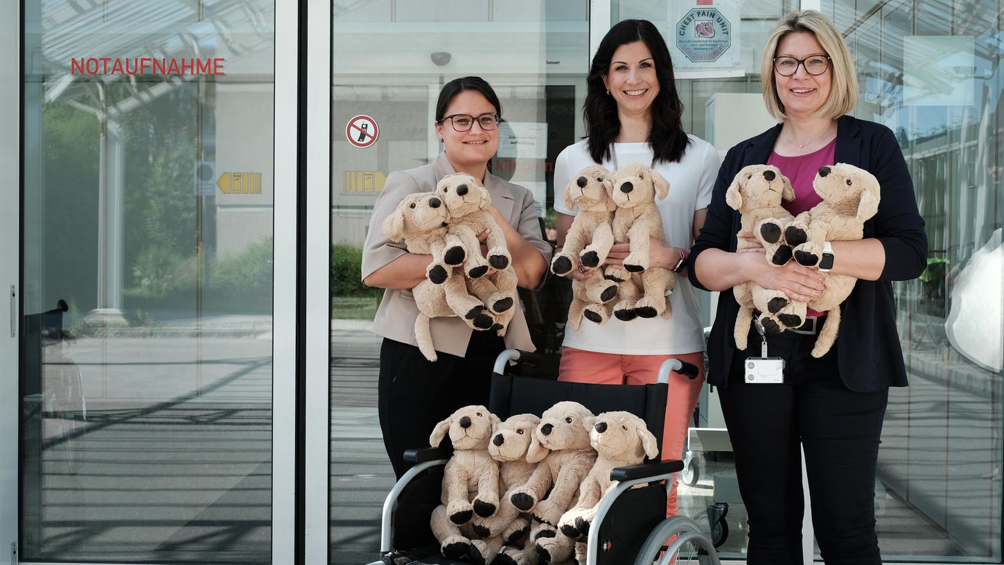 Amelie Becher (links) und Sandra Henneck (rechts) freuen sich über 40 Kuschel-Hunde, die der Krankenhaus-Förderverein gespendet hat. Mediroth-Vorsitzende Michaela Ebner übergab die Spende.
