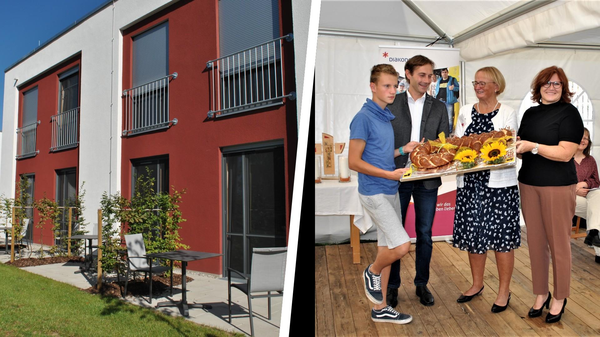 Das linke Foto zeigt die hintere Hausseite mit Terrassen des neuen Wohnhauses in Merkendorf. Auf dem rechten Motiv freuten sich bei der symbolischen Übergabe des Schlüssels aus Laugenteig Bewohner Tom Seiler, Johannes Högner vom Architekturbüro Högner, Roswitha Fingerhut, Leitung Wohnen bei Diakoneo und Wohnbereichsleiterin Ulrike Stahl (von links) über den Anlass. Das linke Foto zeigt die hintere Hausseite mit Terrassen des neuen Wohnhauses in Merkendorf. Auf dem rechten Motiv freuten sich bei der symbolischen Übergabe des Schlüssels aus Laugenteig Bewohner Tom Seiler, Johannes Högner vom Architekturbüro Högner, Roswitha Fingerhut, Leitung Wohnen bei Diakoneo und Wohnbereichsleiterin Ulrike Stahl (von links) über den Anlass.