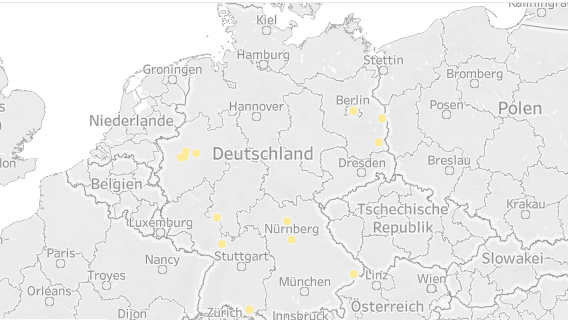 Die Karte zeigt die Städte Deutschlands, in denen die Luftqualität lediglich moderat ist.