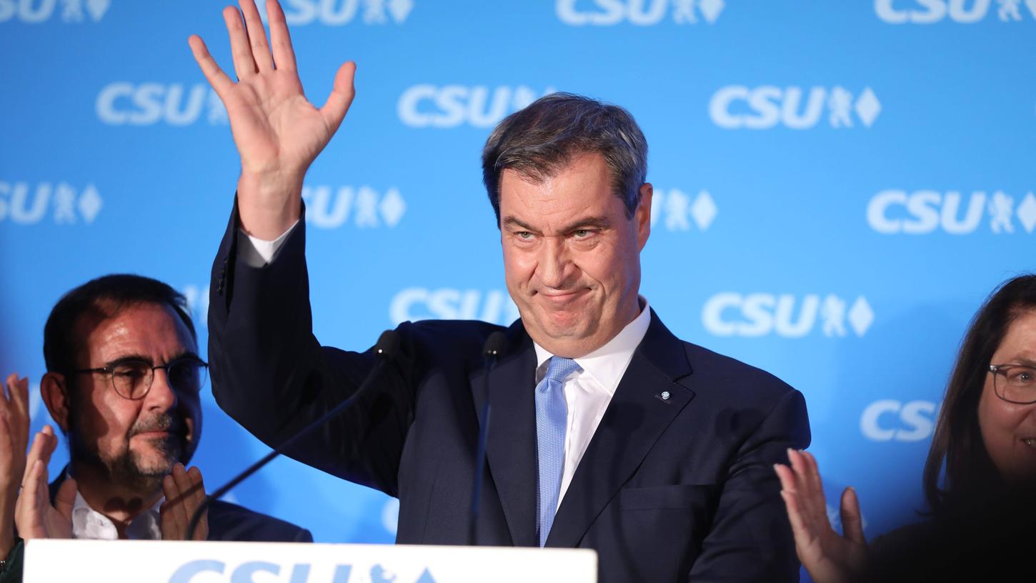 Wahlsieger trotz leichten Verlusten: Bayerns Ministerpräsident und CSU-Spitzenkandidat Markus Söder hält eine Rede auf der CSU-Wahlparty
