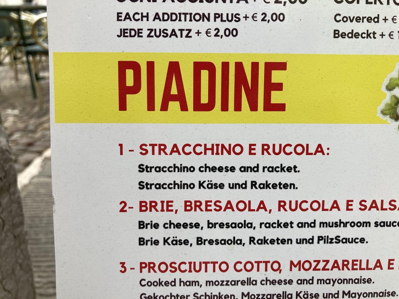 Gesehen am Hauptplatz in Mantua auf einer Speisekarte von Siegfried Zinecker aus Nürnberg.