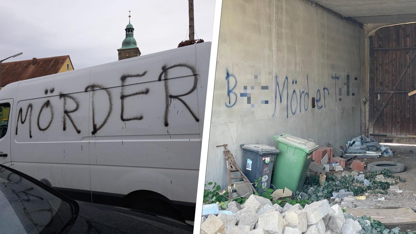 Diese Graffitis tauchten an einem Transporter in Kalchreuth (links) und an einem dubiosen Haus in Windsheim (rechts) auf. 