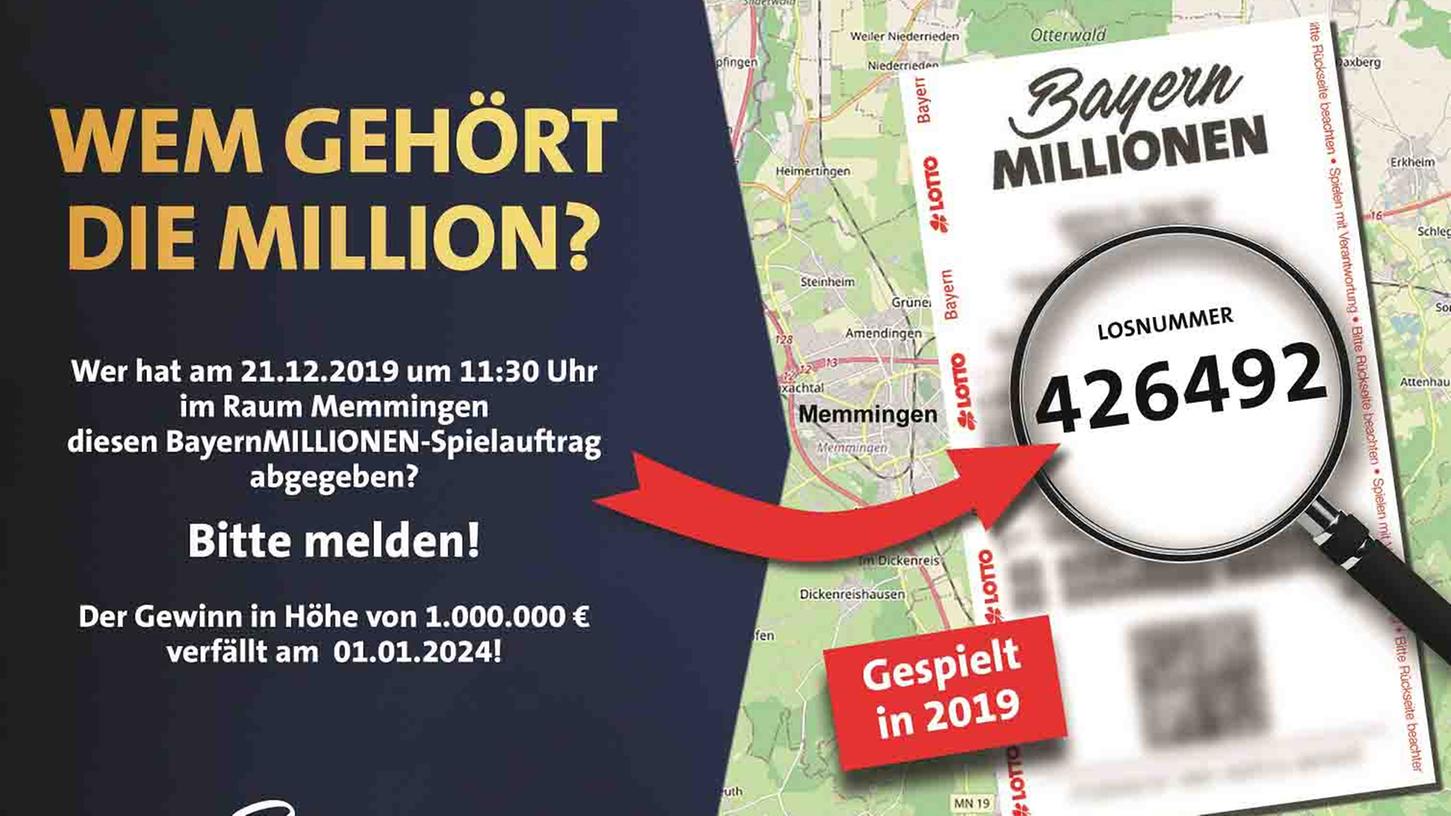 Im Jahr 2019 wurde ein Lotto-Schein für die BayernMillionen in Memmingen abgegeben. Der Gewinner hat sich bisher nicht gemeldet. Der Gewinn von 1 Million Euro kann nur noch bis zum 31.12.2023 geltend gemacht werden.