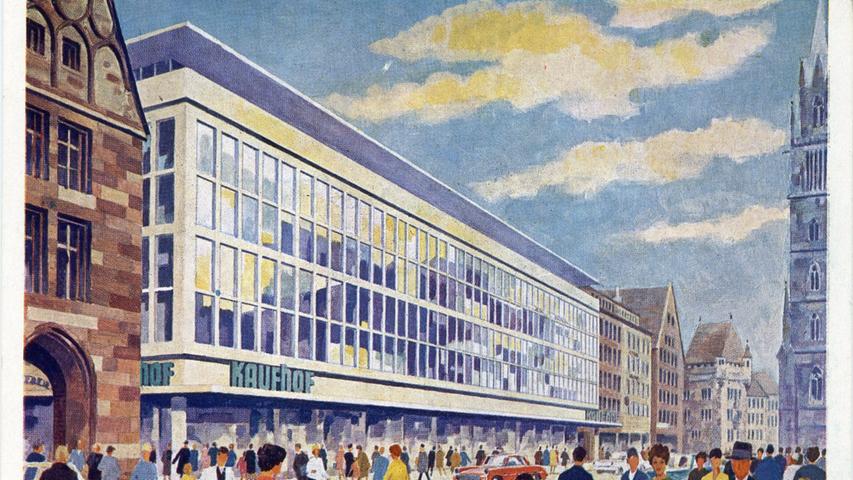 Wie kurzlebig manch Architektur in Zeiten des Wirtschaftswunders war, beweist diese Künstlerkarte, die den Kaufhof nach dem Fassaden-Facelift von 1962 zeigt.