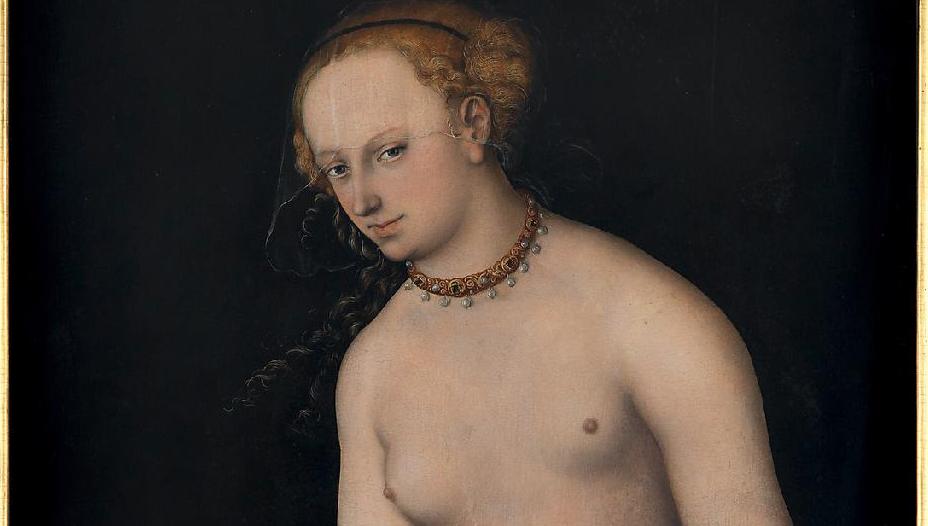 Venus, die ihre Betrachtenden direkt anblickt. Lucas Cranach der Ältere malte sie nach 1537.