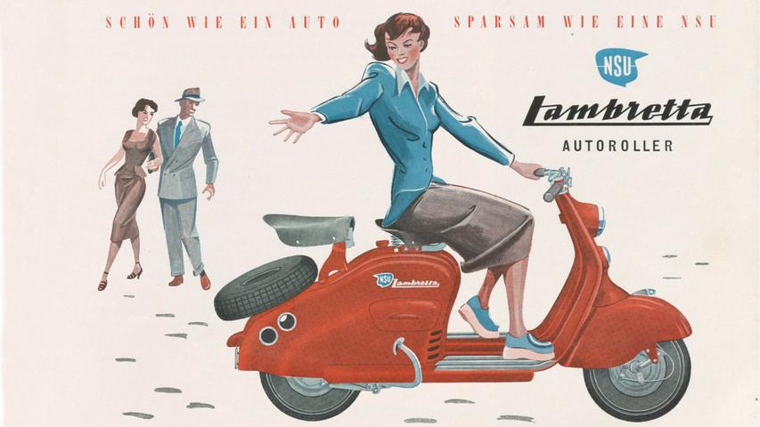 Werbung für die NSU Lambretta: Ohne Helm war damals noch gang und gäbe.