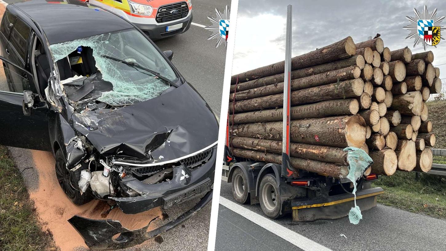 Die Baumstämme durchbohrten die Frontscheibe des Mitsubishi - der Fahrer hatte großes Glück. Die Baumstämme durchbohrten die Frontscheibe des Mitsubishi - der Fahrer hatte großes Glück.