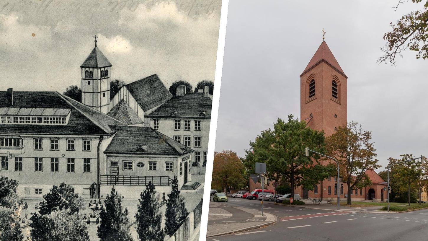 Diese Vogelschau von etwa 1933 (li.) zeigt die Martinskirche nach dem Entwurf von Hans Saueressig.  Die heutige Martinskirche (re.) wurde nach einem Entwurf von Rolf Behringer gebaut. Eigentlich sollte sie völlig anders aussehen. 