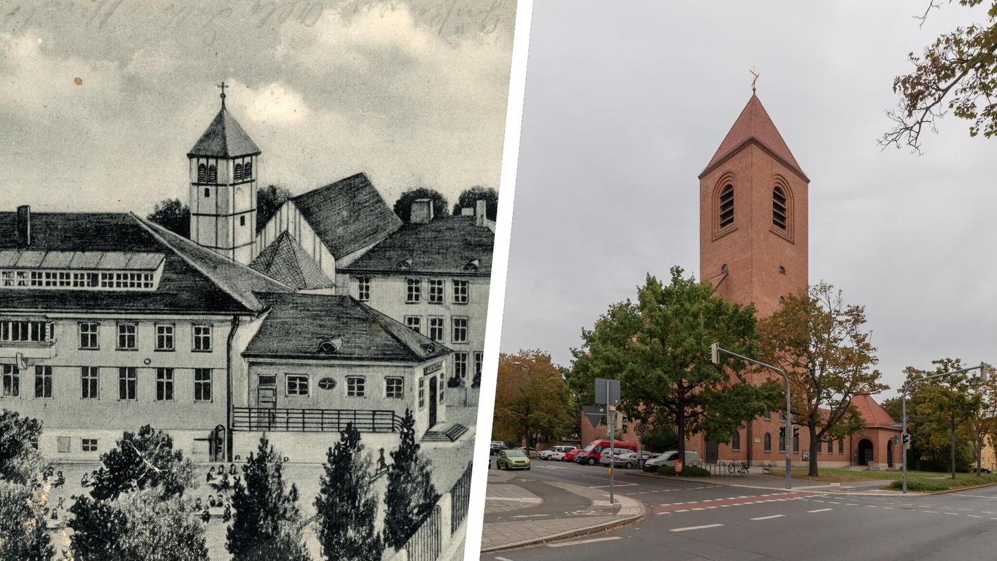 Diese Vogelschau von etwa 1933 (li.) zeigt die Martinskirche nach dem Entwurf von Hans Saueressig. Die heutige Martinskirche (re.) wurde nach einem Entwurf von Rolf Behringer gebaut. Eigentlich sollte sie völlig anders aussehen. Diese Vogelschau von etwa 1933 (li.) zeigt die Martinskirche nach dem Entwurf von Hans Saueressig. Die heutige Martinskirche (re.) wurde nach einem Entwurf von Rolf Behringer gebaut. Eigentlich sollte sie völlig anders aussehen.