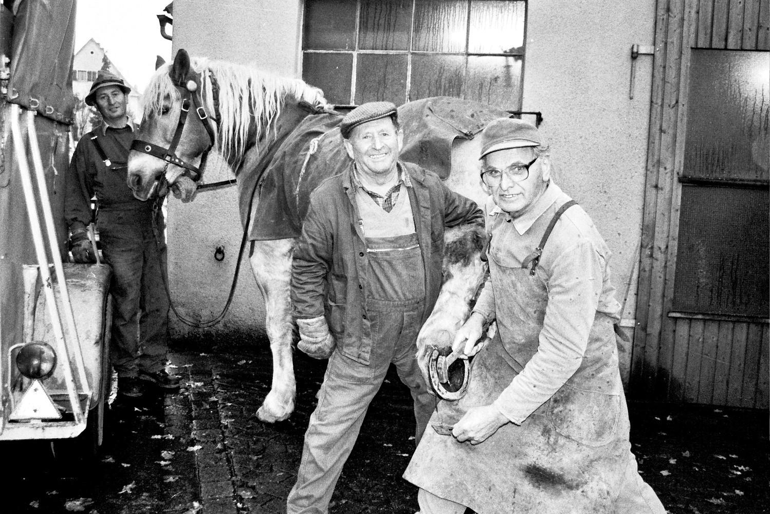 Friedrich Schotterer senior aus Ehlheim lässt auf sein Pferd Moritz in der Schmiede von Heinrich Dommel neue Hufeisen aufbringen. Damals war im Altmühl-Boten zu lesen: "Heute ist der Beruf eines Hufschmieds ganz selten anzutreffen. Ein exzellenter Könner dieses Handwerks ist Schmiedemeister Heinrich ("Heiner") Dommel aus Stadeln. Mit seiner jahrzehntelangen Erfahrung versteht er es, die Hufe fachgerecht auszuschneiden, zu säubern und das Hufeisen aufzunageln.