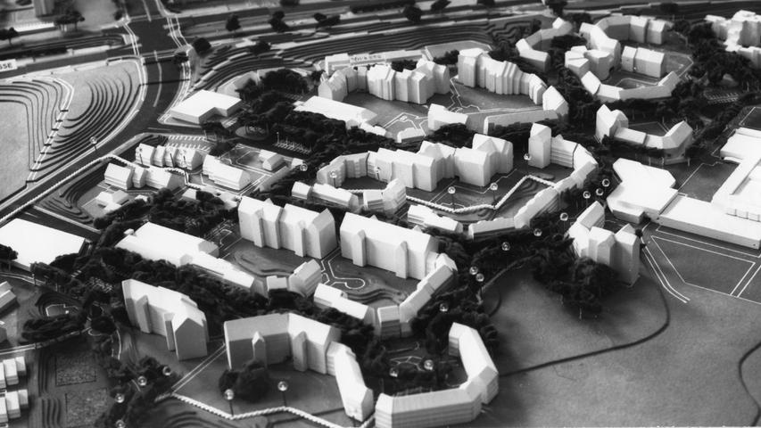 Nachbarschaft "P" aus der Luft - ein postmodernes, urbanes Viertel zum Wohlfühlen. Hier im Foto von 1977.