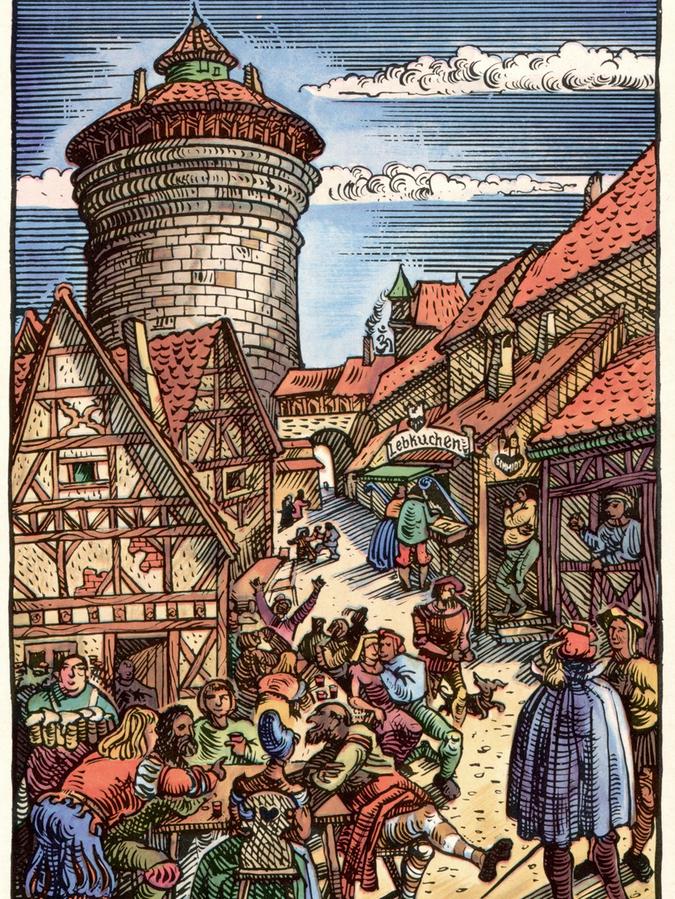 Dieser historisierende Holzschnitt aus den 1970er Jahren suggeriert, dass schon zu Dürers Zeiten im Handwerkerhof gehandelt, getrunken und gefeiert wurde. Stimmt aber nicht. Dieser historisierende Holzschnitt aus den 1970er Jahren suggeriert, dass schon zu Dürers Zeiten im Handwerkerhof gehandelt, getrunken und gefeiert wurde. Stimmt aber nicht.