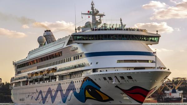 A view shows the AIDAAURA Passenger Luxury cruise ship under flag Italy moored in Marine passenger terminal of the Port