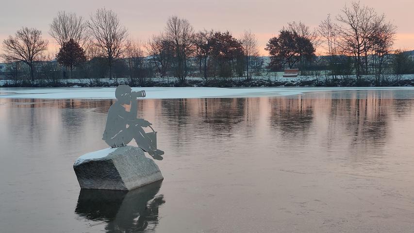 sitzt die Skulptur "Fisch-Kalle" trotz der Kälte mitten im Eisweiher bei Adelsdorf.  Mehr Leserfotos finden Sie hier