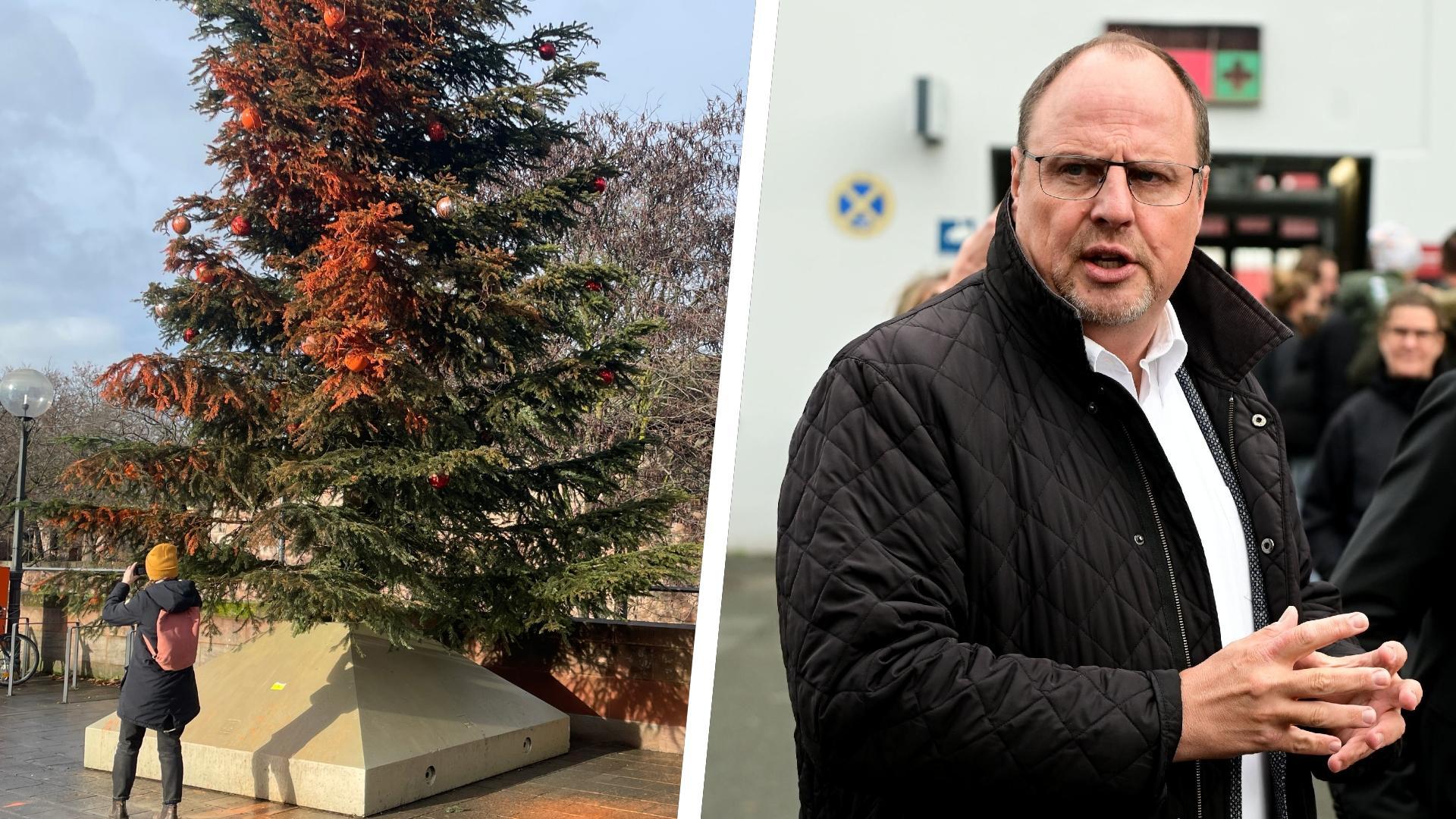 Die "Letzte Generation" besprühte den Weihnachtsbaum zwischen dem Nürnberger Hauptbahnhof und dem Handwerkerhof. Das sagt der Dritte Bürgermeister Christian Vogel zu dieser Aktion. Die "Letzte Generation" besprühte den Weihnachtsbaum zwischen dem Nürnberger Hauptbahnhof und dem Handwerkerhof. Das sagt der Dritte Bürgermeister Christian Vogel zu dieser Aktion.