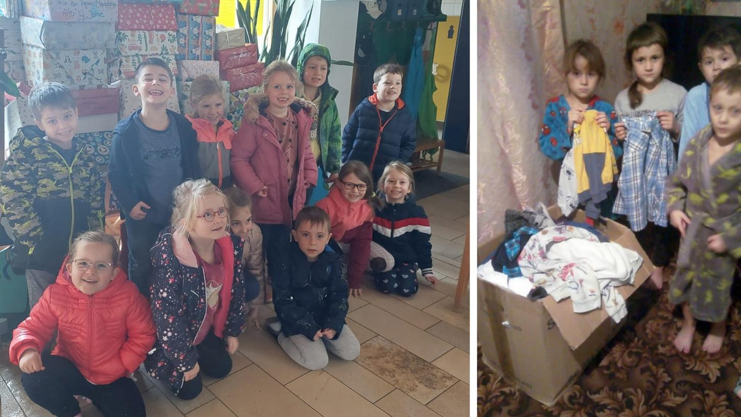 Der Kindergarten Ettenstatt hat 56 Weihnachtspakete für Hilfe für die Ukraine Weißenburg gepackt. Über Kleidungsstücke, die mit einem der Hilfstransporte aus Weißenburg kamen, freuten sich diese Kinder in der Ukraine (Foto rechts).