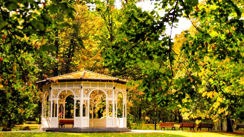 Selten wird der Pavillon im Schwabacher Stadtpark in ein so schönes Licht getaucht wie im Herbst.