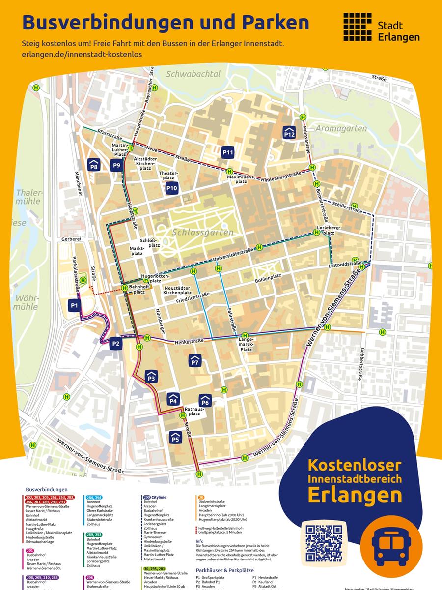 Eine Grafik der Stadt zeigt die kostenlose Innenstadt-Zone für die Nutzung des Busverkehrs an.