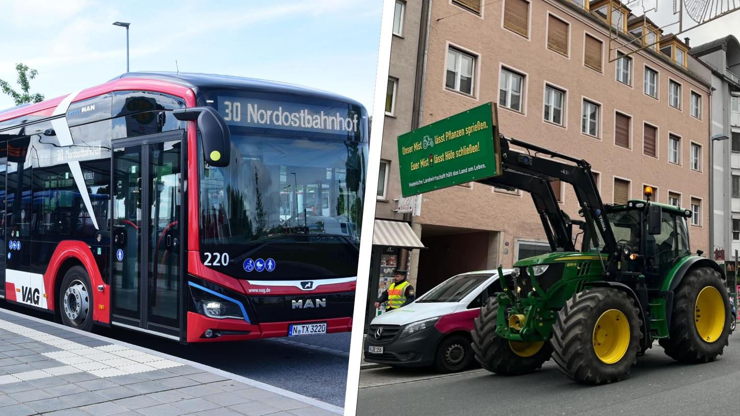 Traktoren fahren am Freitag sternförmig aus allen Richtungen nach Nürnberg. Der Bauernprotest hat Einfluss auf den Bus- und Bahnverkehr der VAG.