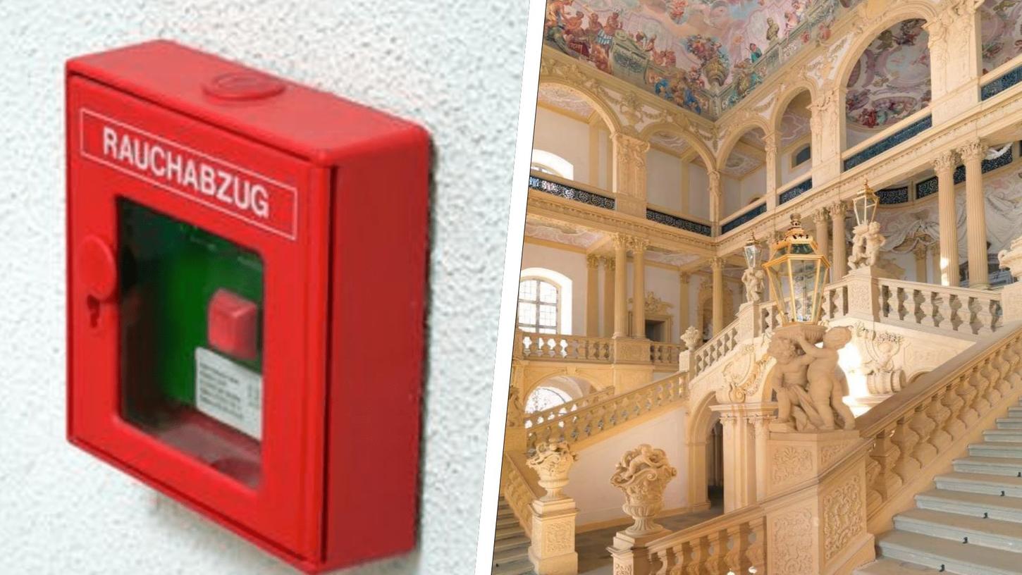 Zum Glück nur ein Fehlalarm: Das barocke Treppenhaus in Schloss Weißenstein (rechts) war nicht in Gefahr, auch wenn ein Feuermelder anschlug.