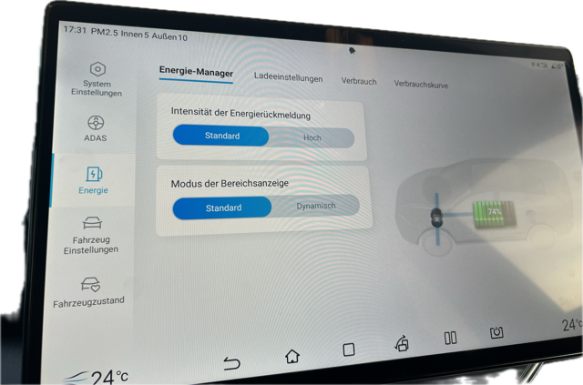 Holprig übersetzt: Mit "Energierückmeldung" ist die Rekuperationsstärke gemeint, mit "Bereichsanzeige" die Reichweite.