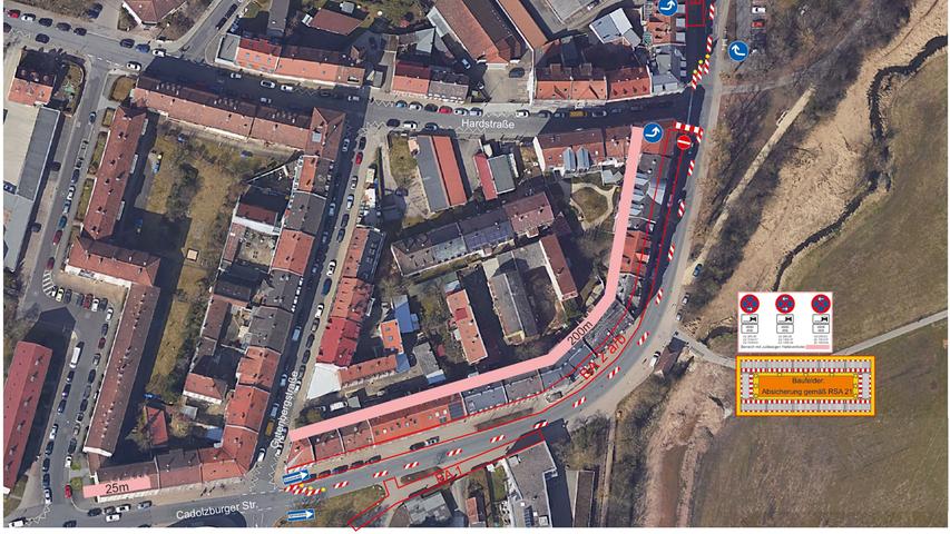 Diese Illustration hat die Baufirma Demir an die Anwohner verteilt. Gesperrt ist die Cadolzburger Straße in stadtauswärtige Richtung.