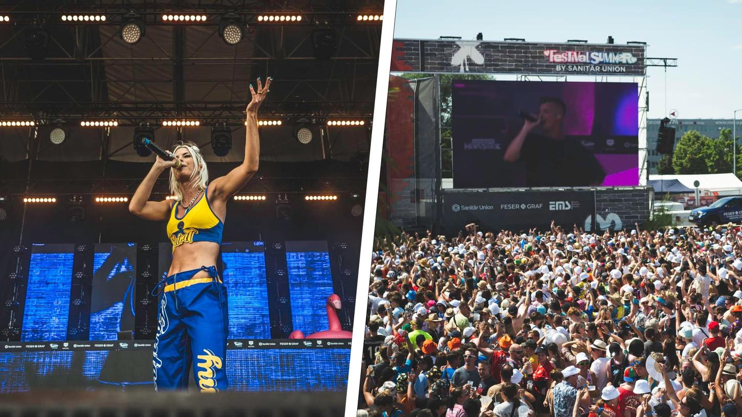 Die Malle-Sängerin Isi Glück trat schon im Vorjahr bei der Super Sommer Sause auf. 2023 feierten 16.000 Partygäste am Flughafen.