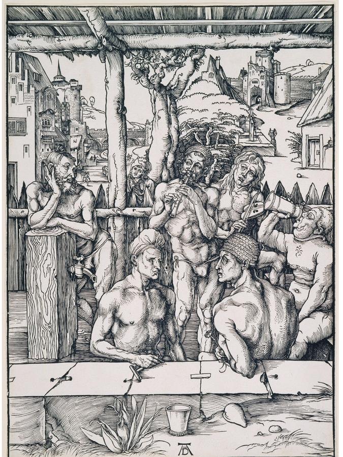 In seinem Holzschnitt "Männerbad" hielt Dürer neben seinen Zeitgenossen auch sich selbst (links) fest. Das Werk entstand 1496. 