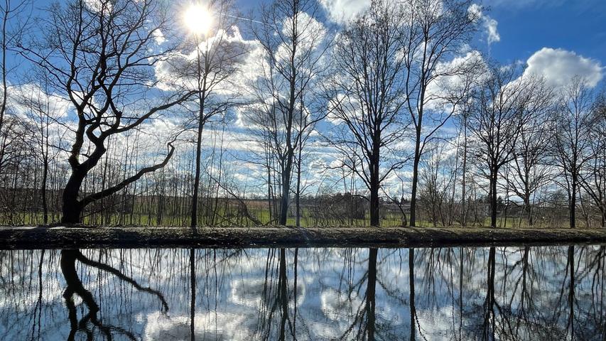 Noch kahle Bäume spiegeln sich bei schönstem Sonnenschein im Wasser des alten Kanals bei Worzeldorf. Mehr Leserfotos finden Sie hier