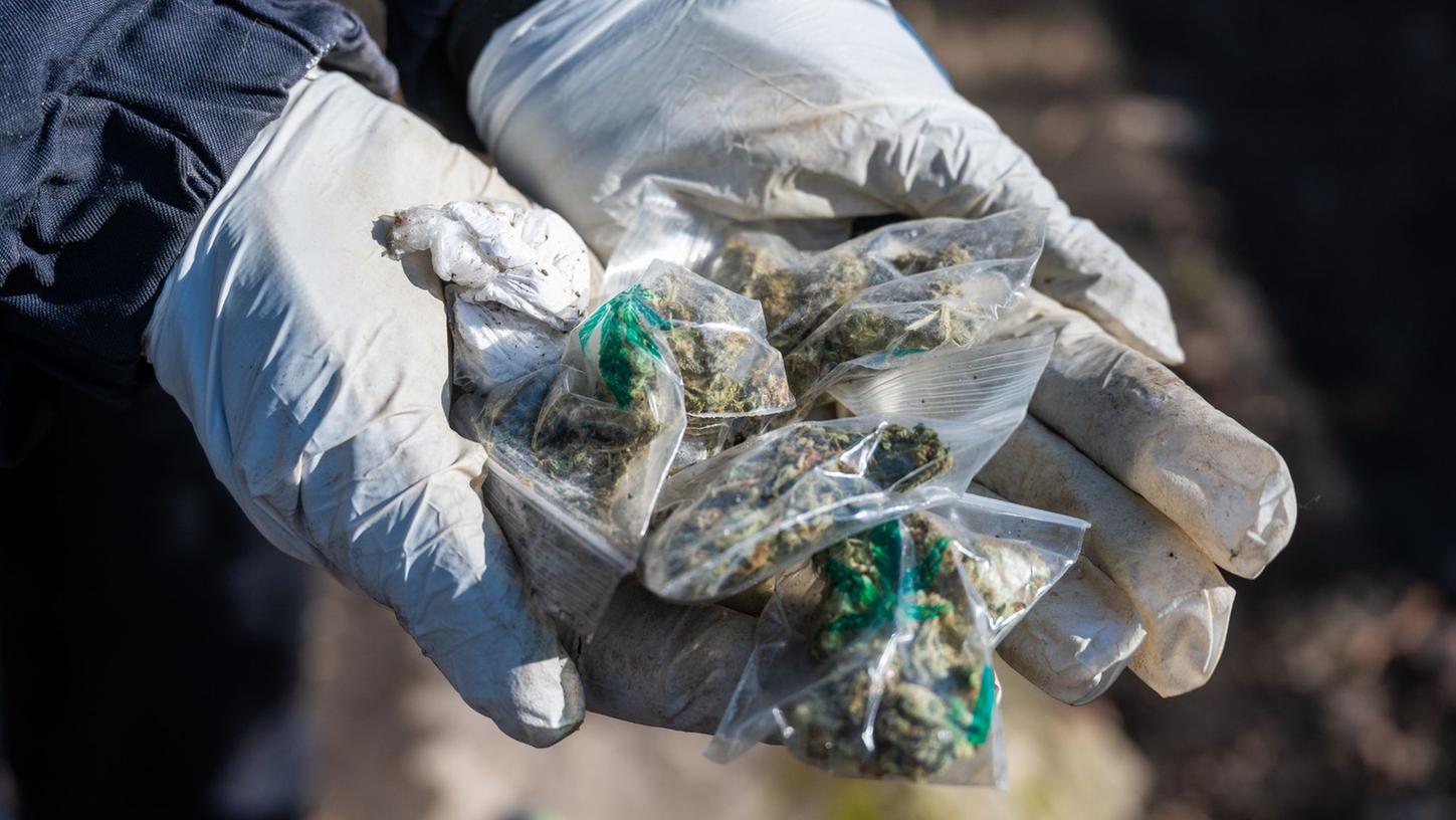 Eine Polizistin hält kleine Tütchen mit Marihuana in den Händen. Eine Polizistin hält kleine Tütchen mit Marihuana in den Händen.