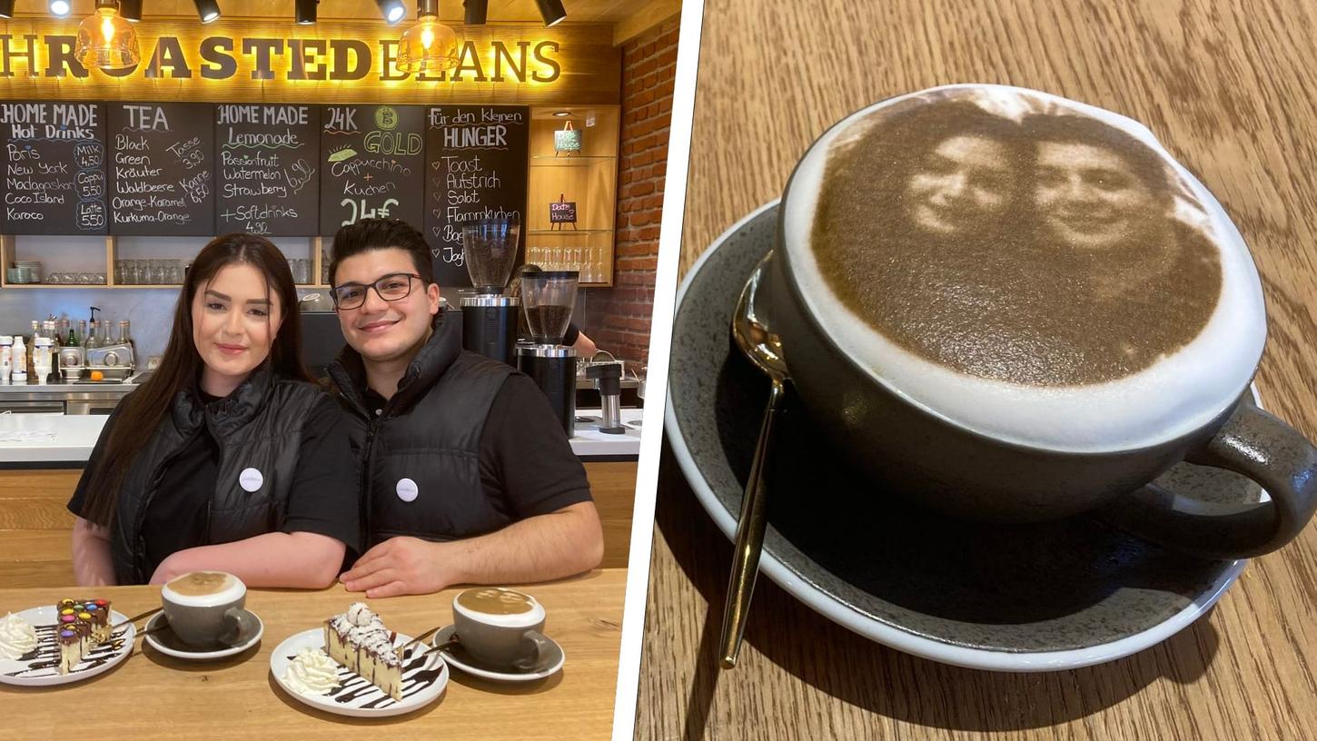 Das Inhaber-Paar Sahar Sanaye und Iman Yadegari: links vor der Kaffeebar, rechts mit spezieller Technik auf den Milchschaum bedruckt.