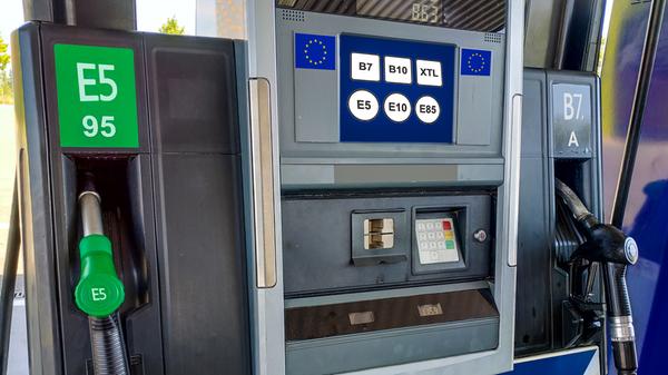 Petrol Station with the European Union fuel labeling on screen