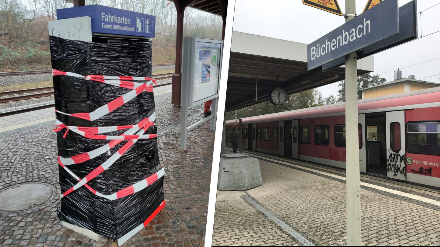Am S-Bahnhof Büchenbach (Archivbild) im Landkreis Roth wurde in der Nacht zum 24. März der Fahrkartenautomat gesprengt. Auch an anderen Bahnhöfen in Deutschland (links) ist das in den letzten Monaten vereinzelt schon passiert.