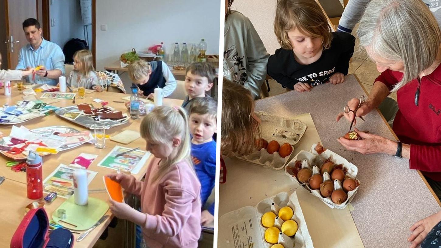 In der katholischen Pfarrgemeinde in Leinburg haben die Kinder mit viel Kreativität und Wachs in verschiedenen Farben Osterkerzen verziert (links). Rund um das Thema Eier ging es beim Verschönerungs- und Gartenbauverein in Ottensoos. Dort lernten die Kleinen, wie man Ostereier natürlich färbt (rechts).