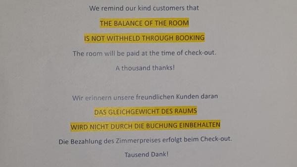 "Gesehen in einem Hotel in Amprezzo Italien. Mit Gleichgewicht meinten sie sicher den Mietzins des Zimmers. Ging dann am Morgen problemlos mit Karte", schreibt uns unser Leser Rolf Seßler aus Hersbruck.