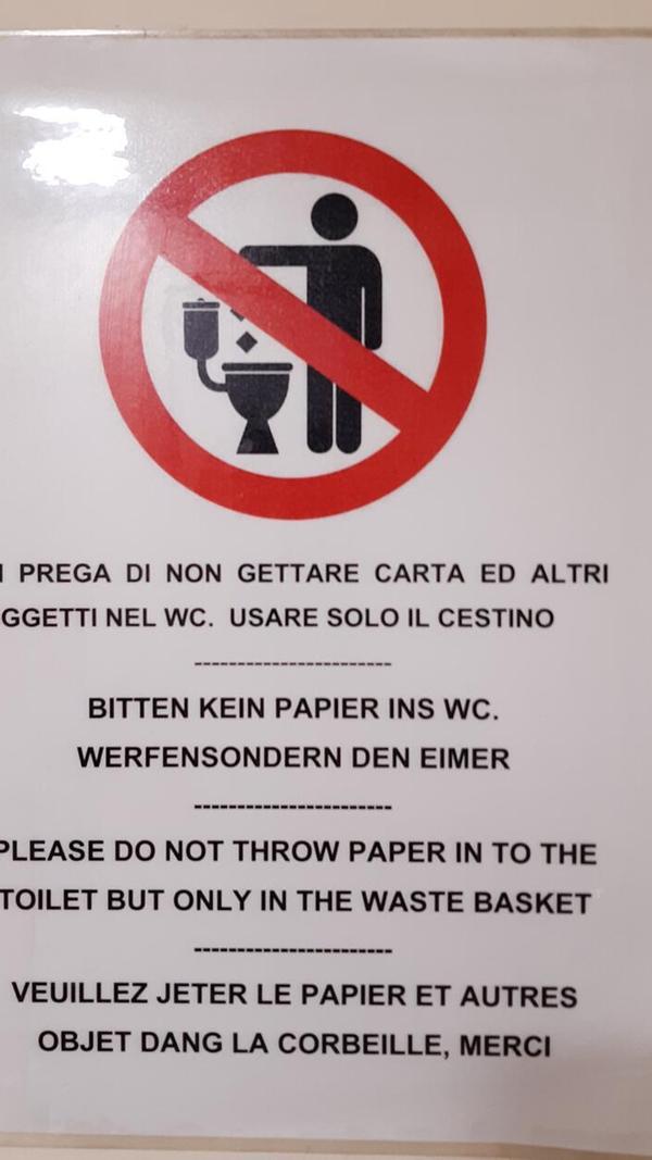 „Diese Anweisung habe ich an der Wand der Toilette eines Schnellbootes, welches Sizilien mit den Liparischen Inseln verbindet, entdeckt. War schwierig umzusetzen“, schreibt uns Leser Wolfgang Knörr aus Roßtal.