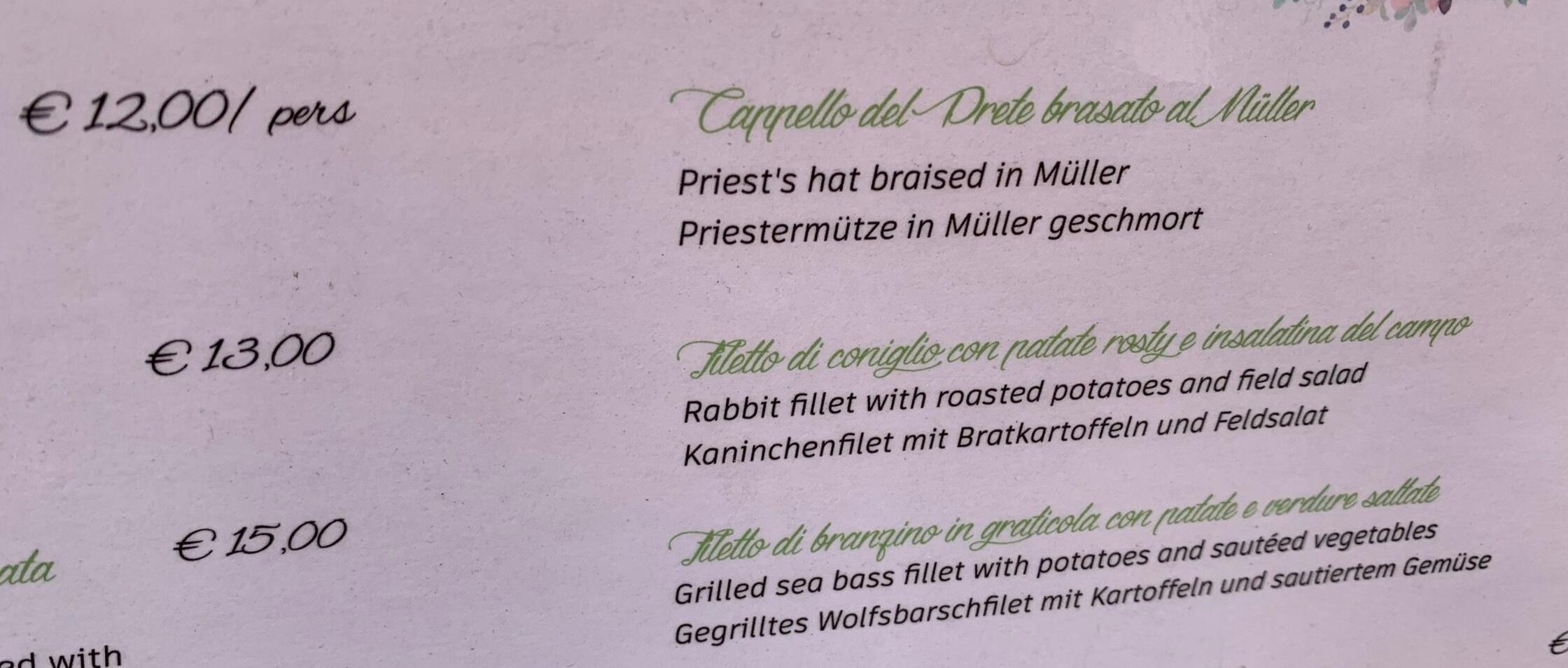 Eine Speisekarte in Trient offenbart neue Wortschöpfungen. Gesehen von Leserin Charlotte Straub.