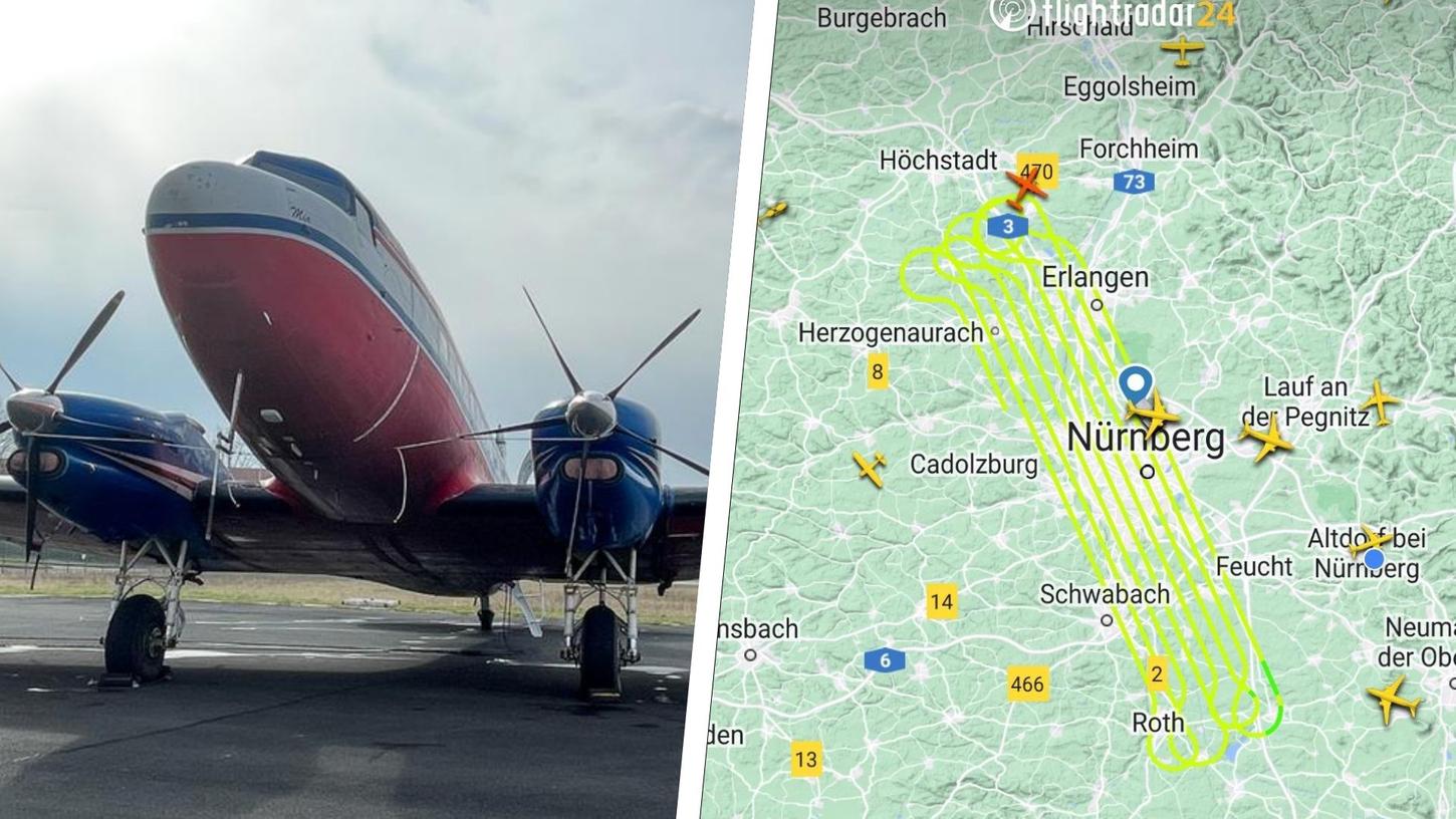 Ein Spezialflugzeug mit einer ungewöhnlichen Flugroute ist seit 6. April über der Region Nürnberg unterwegs. Der Screenshot der Flightradar-App zeigt die Route vom 10. April.