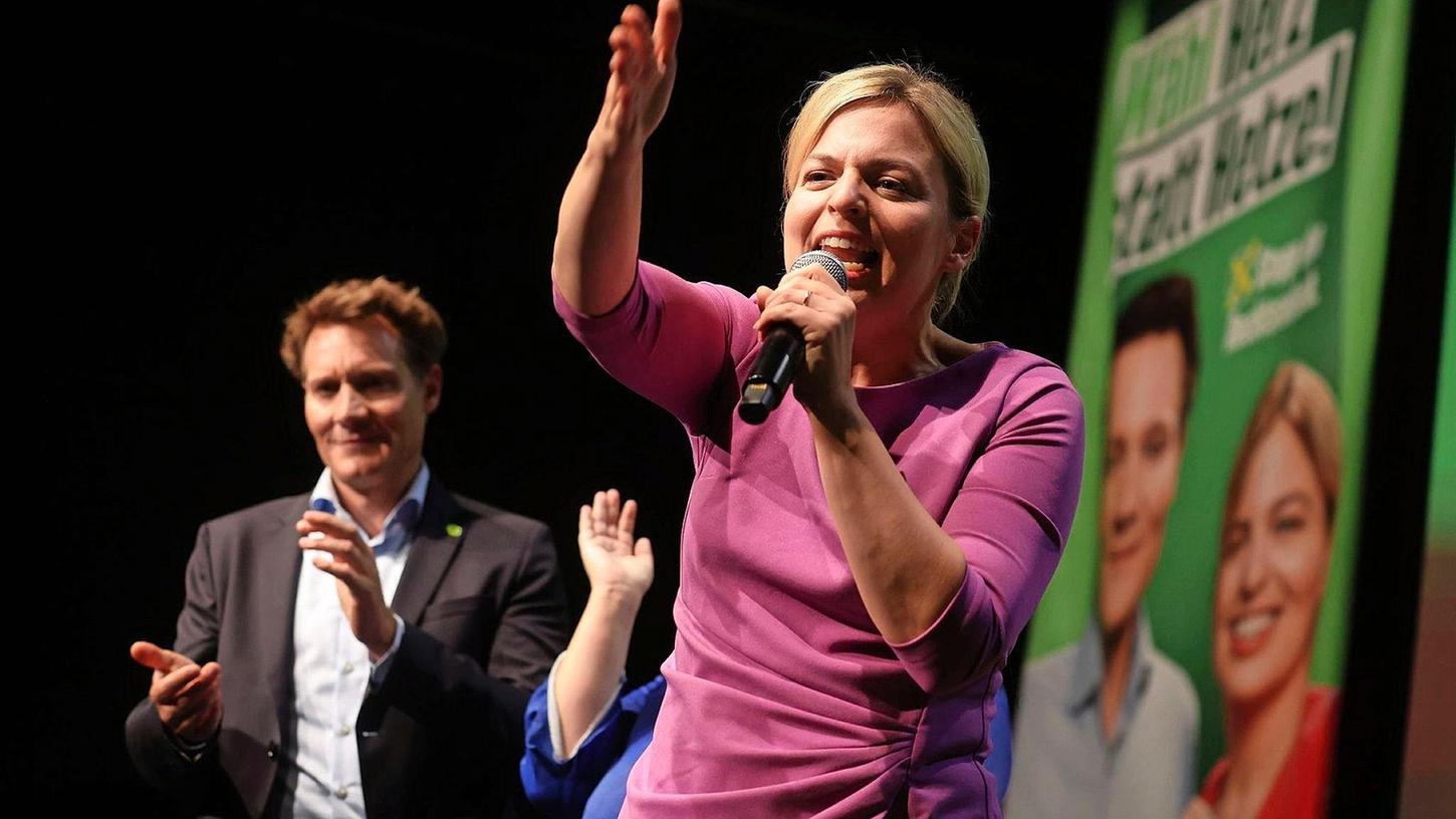 Katharina Schulze spricht auf der Grünen-Wahlparty zur Landtagswahl in Bayern.