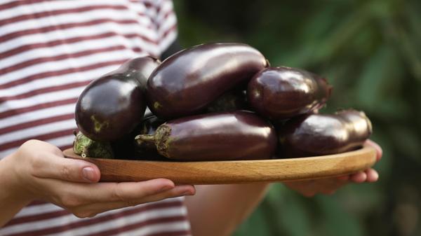 Woman holding wooden board with ripe eggplants on