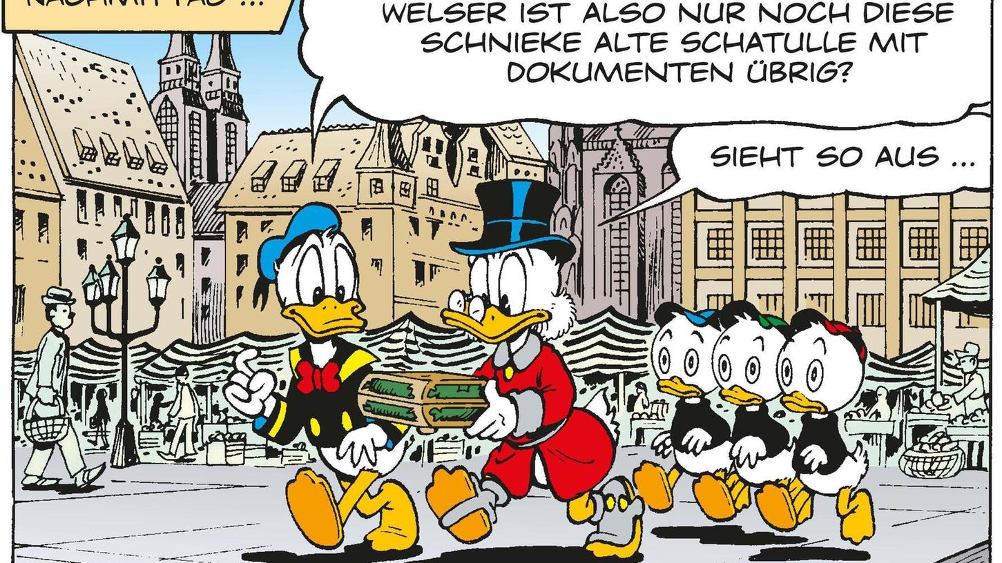 Szene aus dem Donald-Duck-Heft "Das Geheimnis von El Dorado": Zeichner Don Rosa ließ die Familie Duck (Tick, Trick und Track, Donald Duck und Dagobert Duck) 1998 über den Hauptmarkt in Nürnberg laufen. Die Abenteuer zum aktuellen 90. Jubiläum von Donald Duck erscheinen bei Egmont Ehapa Media.