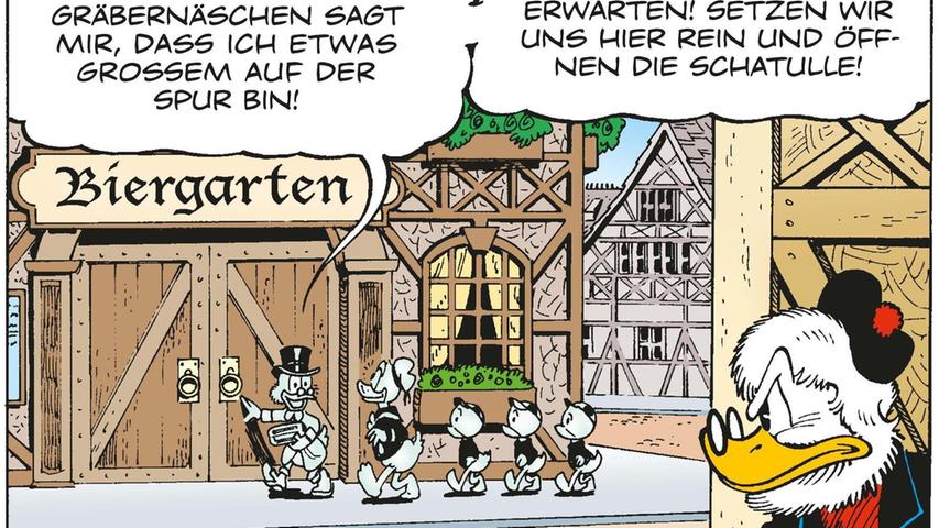 Die Familie Duck beim Bratwurstglöcklein in Nürnberg: Zeichner Don Rosa hat dort offenbar mit Appetit gespeist. In der jüngsten Version ist aus dem "Glöckla" ein namenloser "Biergarten" geworden.