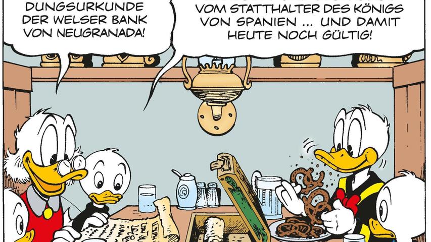 Noch eine Szene aus "Das Geheimnis von El Dorado". Hier speist die Familie Duck im Bratwurstglöcklein in Nürnberg.