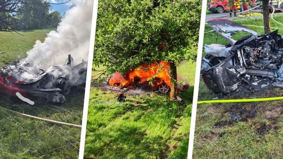 Großaufgebot in Franken: Ferrari geht plötzlich in Flammen auf - Luxuswagen wird Schutt und Asche