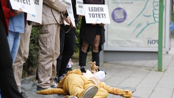 Als Zeichen des Protestes gegen den Einsatz des Wildtierleders legten sie vor der Stadthalle in Fürth Kunstblut aus. Auch ein "Fake-Känguru" war dabei.