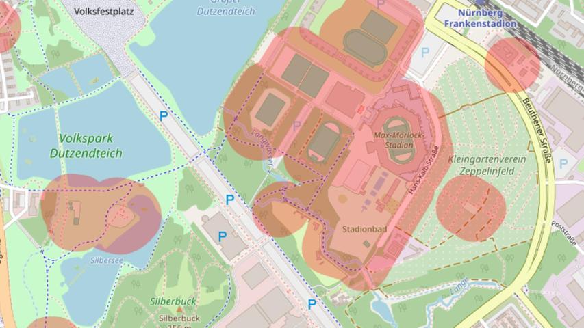 Rot gekennzeichnete Bereiche der "Bubatzkarte", sind öffentliche Verbotszonen auf dem Rock-im-Park-Gelände.