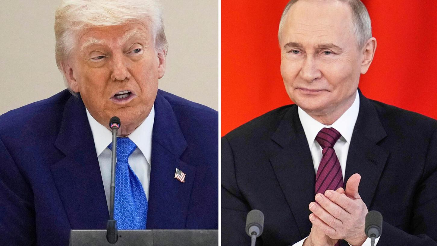 US-Präsident Donald Trump am 16.05.2025 in Abu Dhabi, VAE, links, und Russlands Präsident Wladimir Putin am 10.05.2025 bei einer Unterzeichnung im Kreml in Moskau, rechts. US-Präsident Donald Trump am 16.05.2025 in Abu Dhabi, VAE, links, und Russlands Präsident Wladimir Putin am 10.05.2025 bei einer Unterzeichnung im Kreml in Moskau, rechts.
