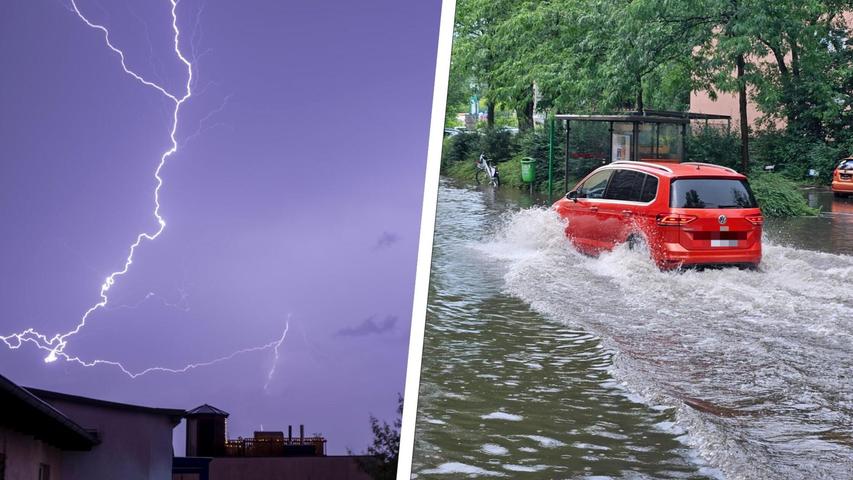 In Fürth regnete es am Donnerstagmittag binnen kurzer Zeit so stark, dass sich das Wasser auf der Straße sammelte. In Fürth regnete es am Donnerstagmittag binnen kurzer Zeit so stark, dass sich das Wasser auf der Straße sammelte.
