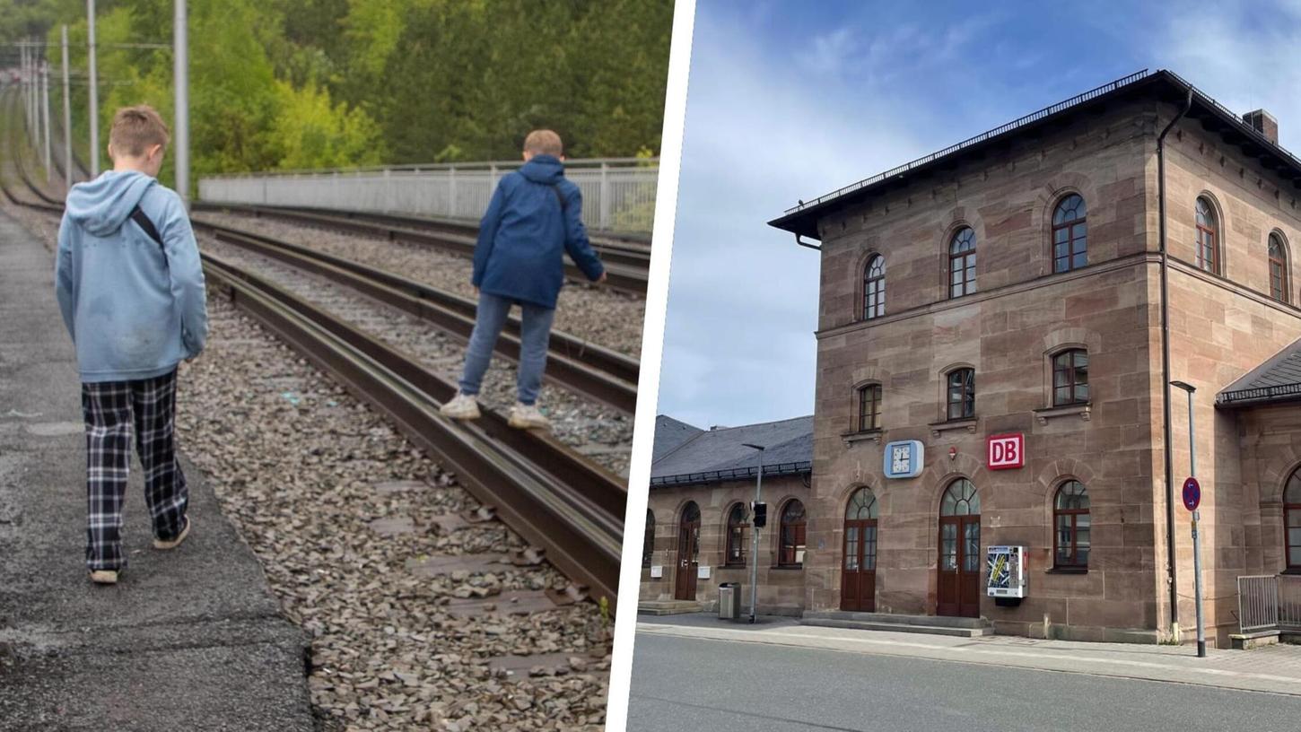 Ein 16-Jähriger, der im Schwabacher Bahnhof (Foto rechts) über die Gleise lief, ist nur knapp einem herannahenden ICE entkommen (Symbolbild links).