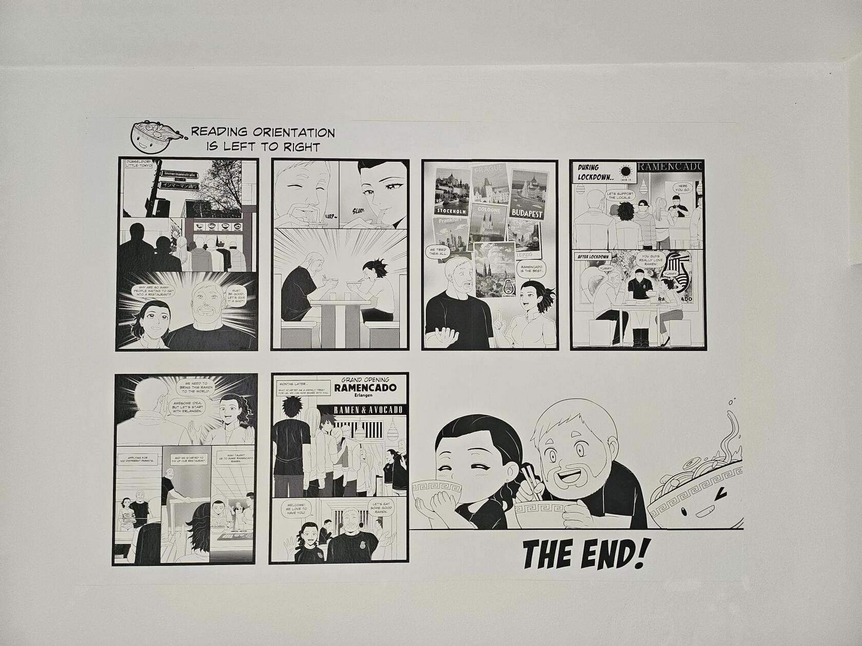 Ein Cartoon auf der Wand des Restaurants erzählt die Geschichte, wie aus Fans Kollegen wurden.